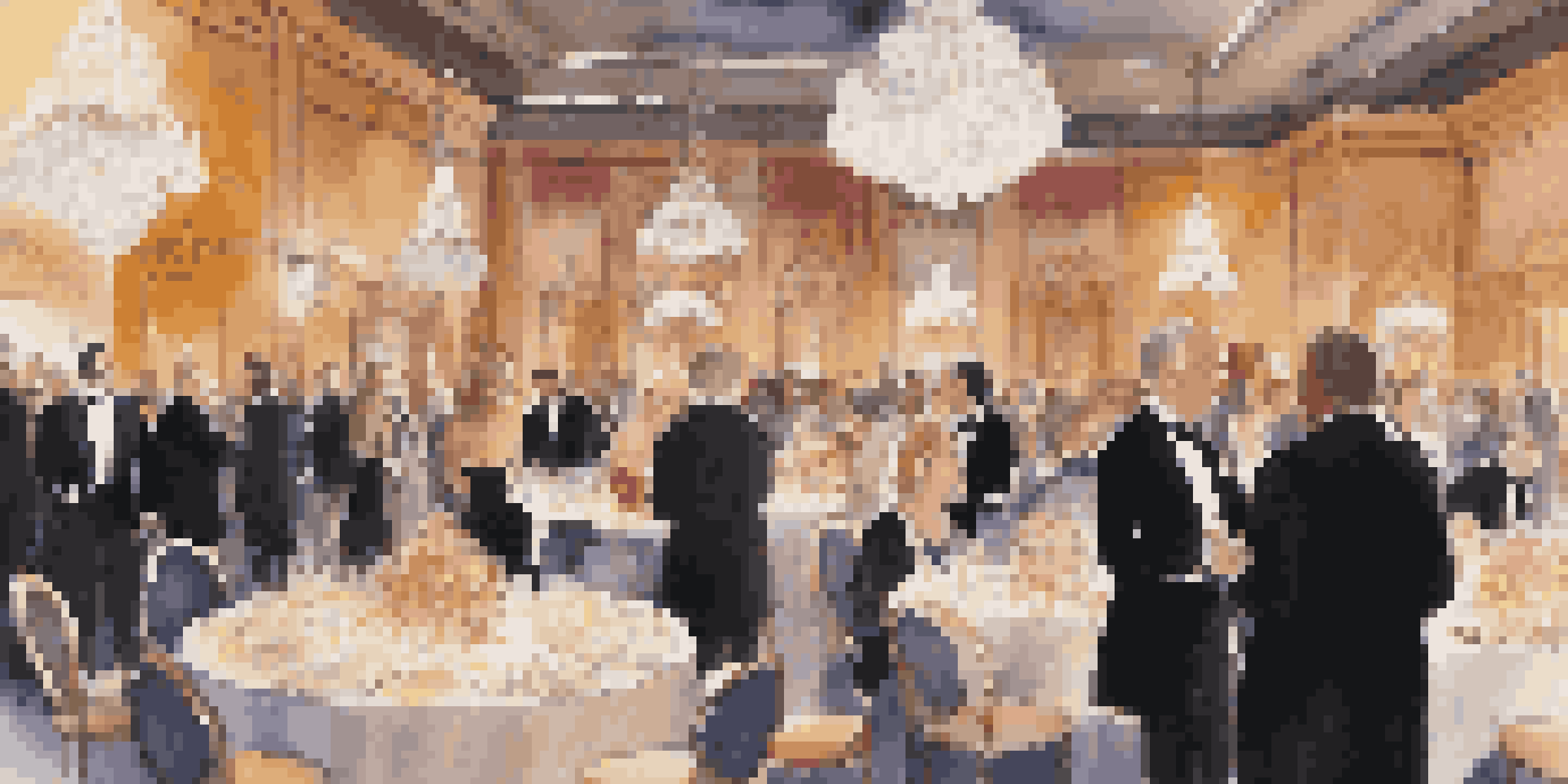 An elegant charity gala with well-dressed guests, floral decorations, and a stage for performances.