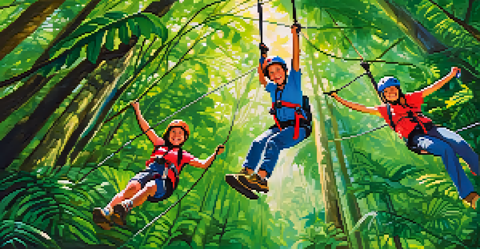 A family zip-lining through a rainforest in Costa Rica, showing excitement and joy.