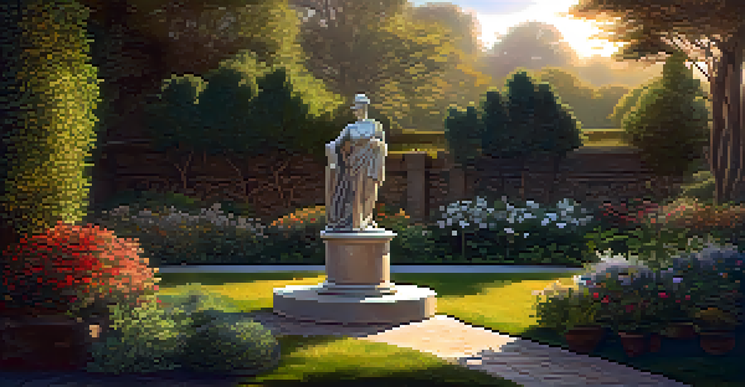 An elegant garden with a classical stone sculpture surrounded by colorful plants, lit by warm ambient light during sunset.