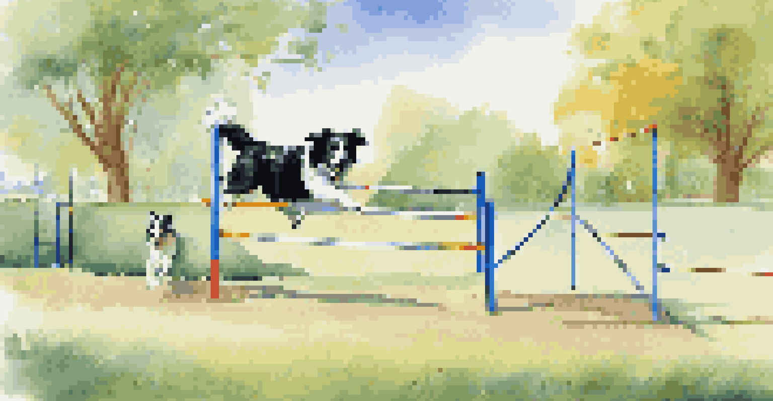 A border collie jumping over an agility obstacle in a sunny outdoor setting, with a trainer cheering it on.