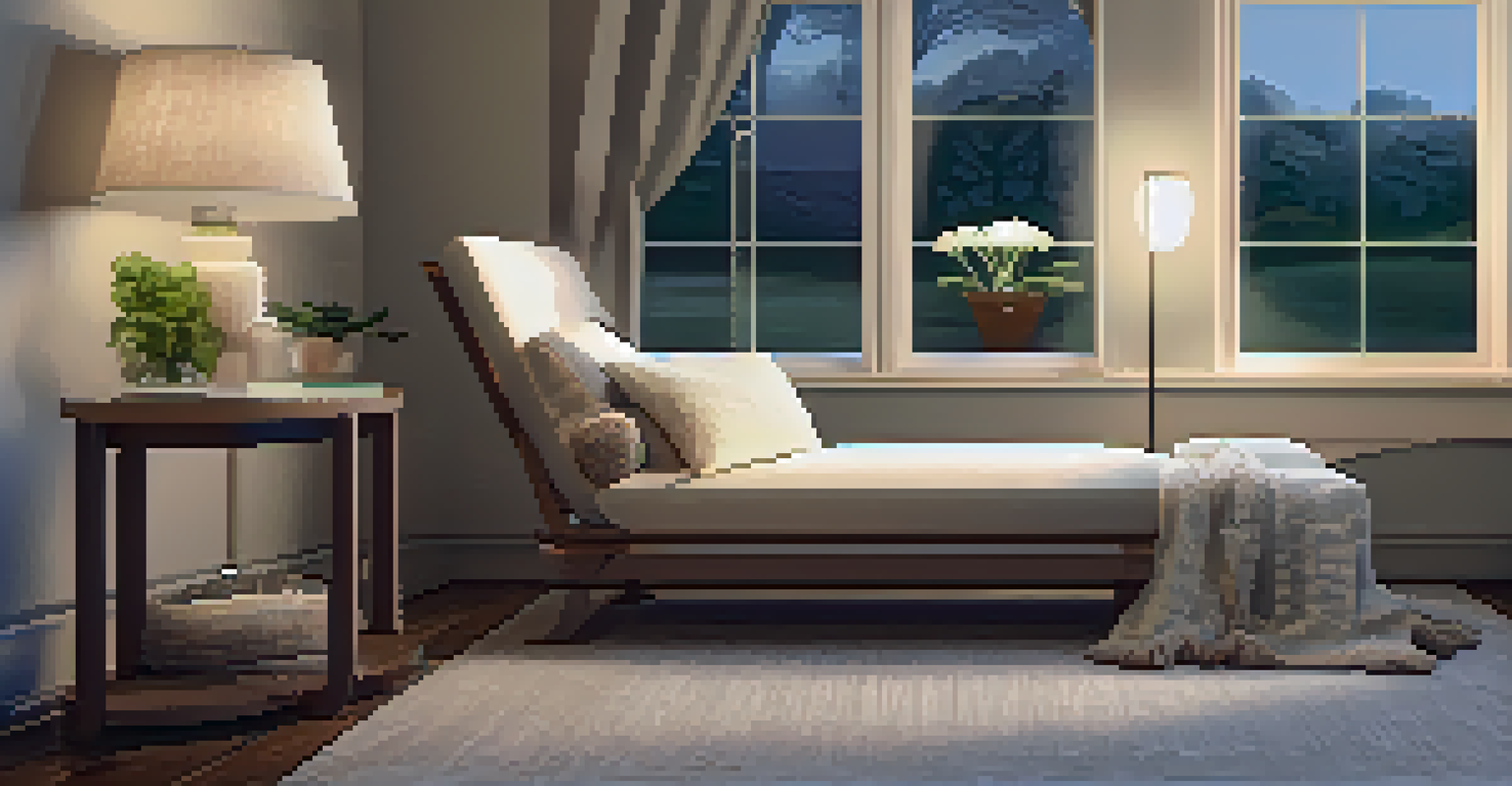 A softly lit reading nook with a floor lamp, a chaise lounge, pillows, and a view of a garden outside.