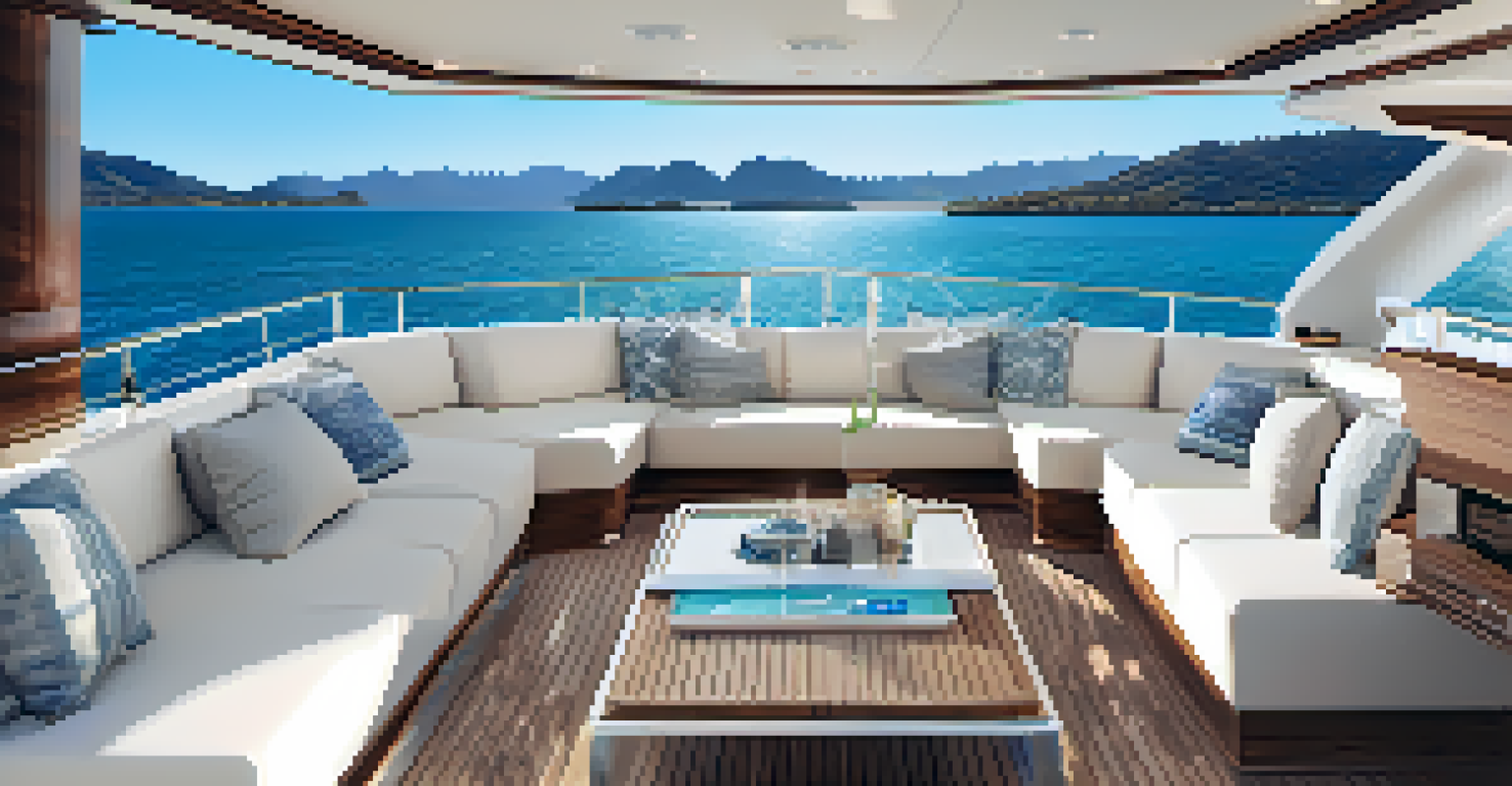 An opulent yacht with smart technology docked at a marina, featuring a modern lounge and clear waters in the background.