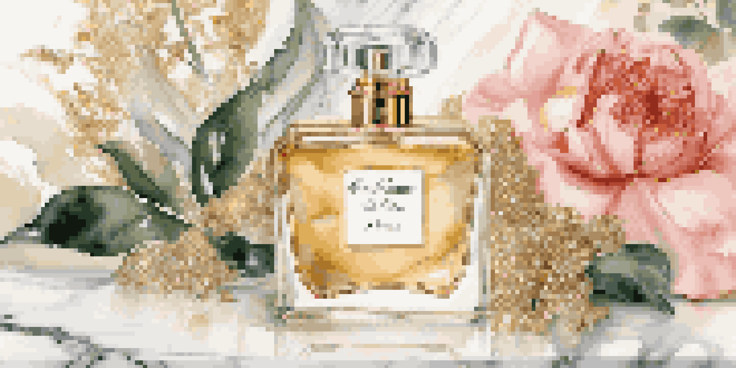 A luxurious perfume bottle on a marble countertop, surrounded by rare ingredients like flowers and woods, with soft golden lighting and a blurred green background.