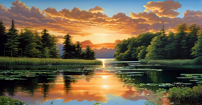 A picturesque sunset over a calm lake with vibrant colors and reflections, surrounded by lush greenery.