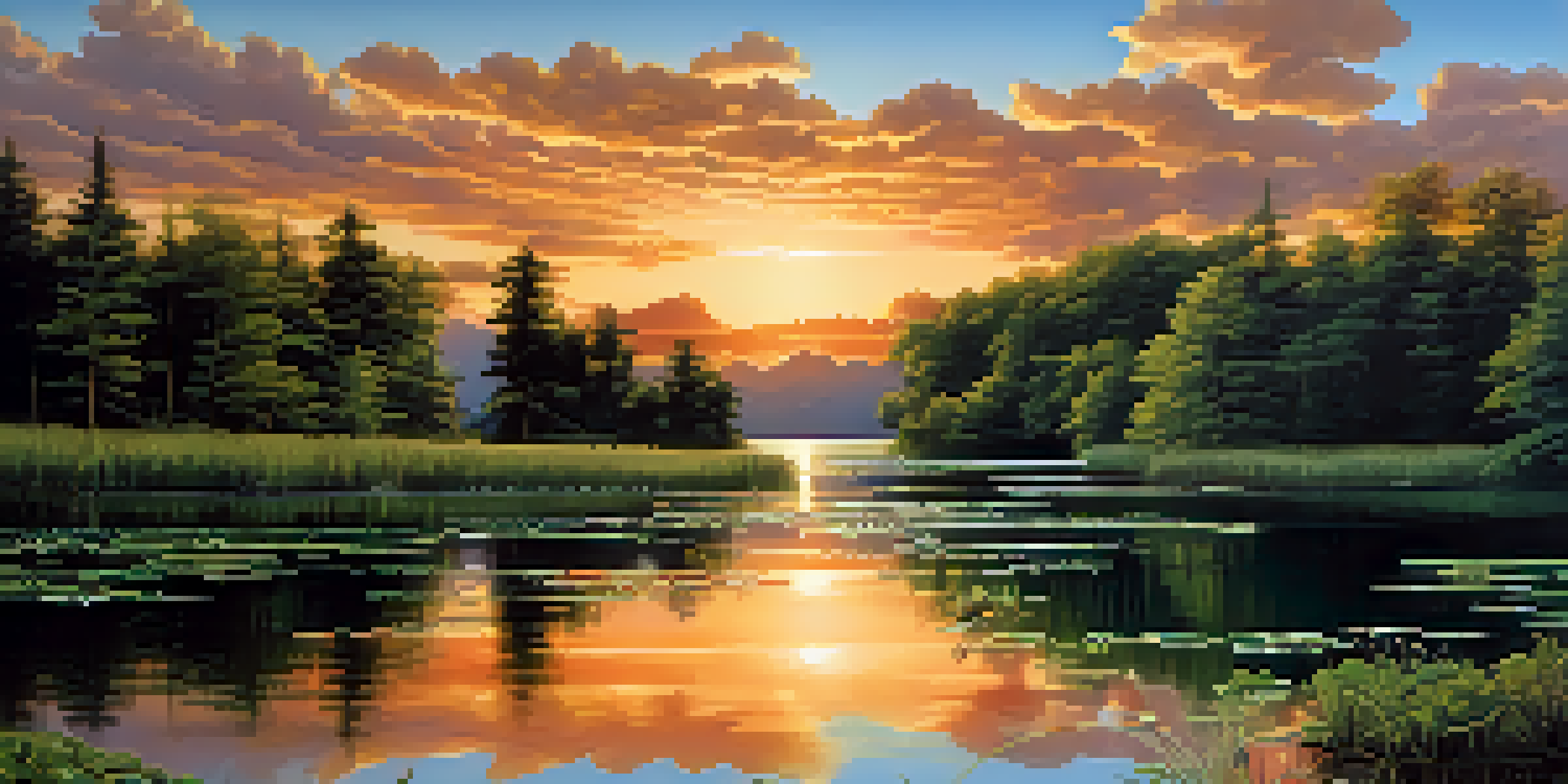 A picturesque sunset over a calm lake with vibrant colors and reflections, surrounded by lush greenery.