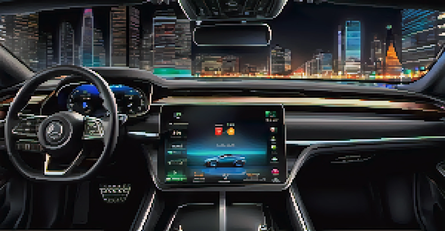 A high-tech luxury car dashboard showing a colorful touchscreen infotainment system, set in a lively cityscape at night.