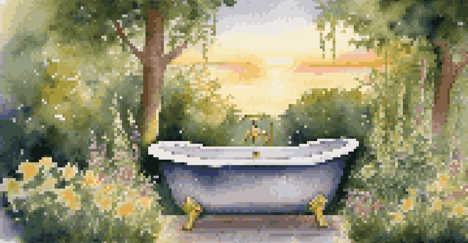 An outdoor bathtub in a garden with flowers and candles, illuminated by the warm glow of the setting sun.