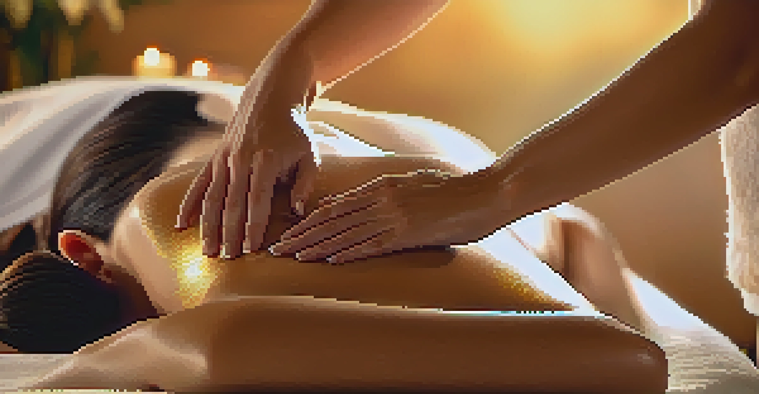A close-up of a therapist's hands giving a massage to a client's back, with essential oils and stones nearby, highlighting a relaxing spa treatment.