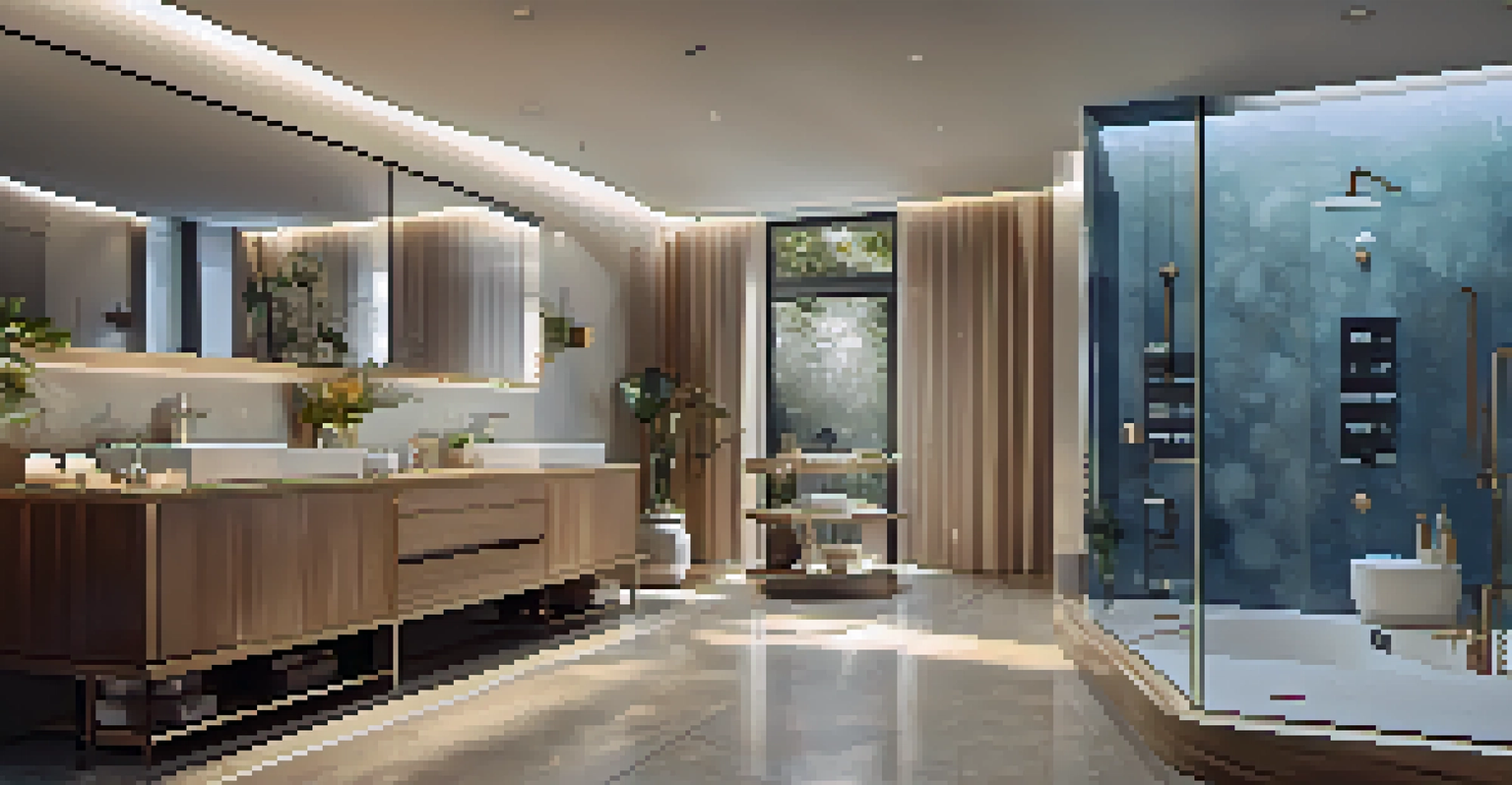 A luxurious bathroom with a smart bathtub and shower system, featuring calming colors and a spa-like atmosphere.