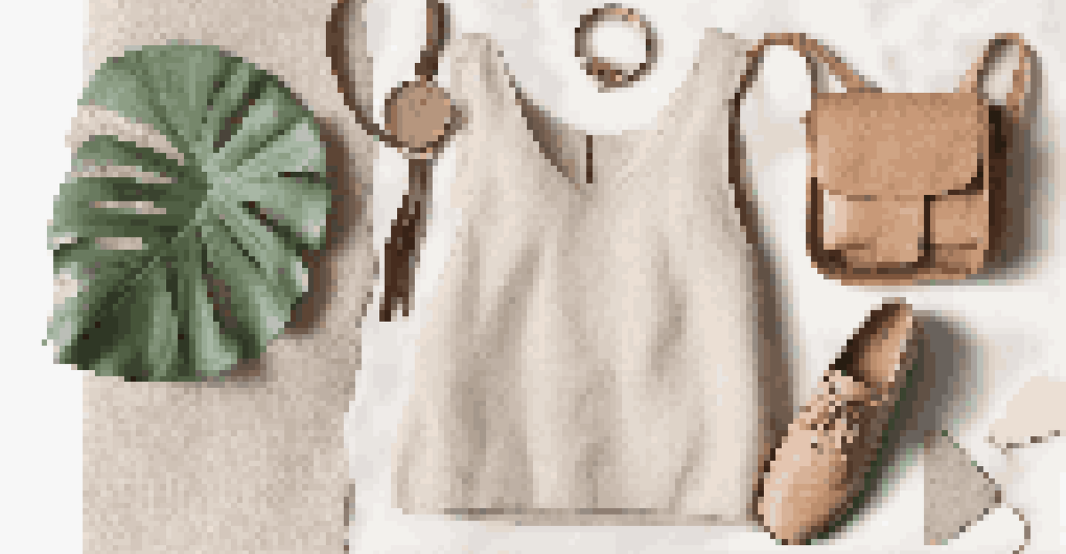 A flat lay of sustainable fashion items including a Piñatex handbag and recycled material shoes on a neutral fabric background.