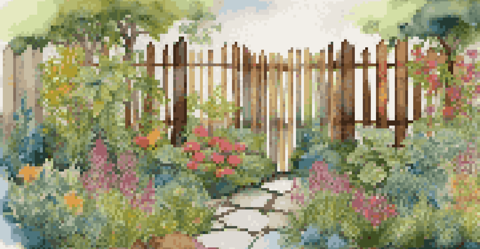 A unique garden with an asymmetrical reclaimed wood fence showcasing geometric cutouts and vibrant plants.