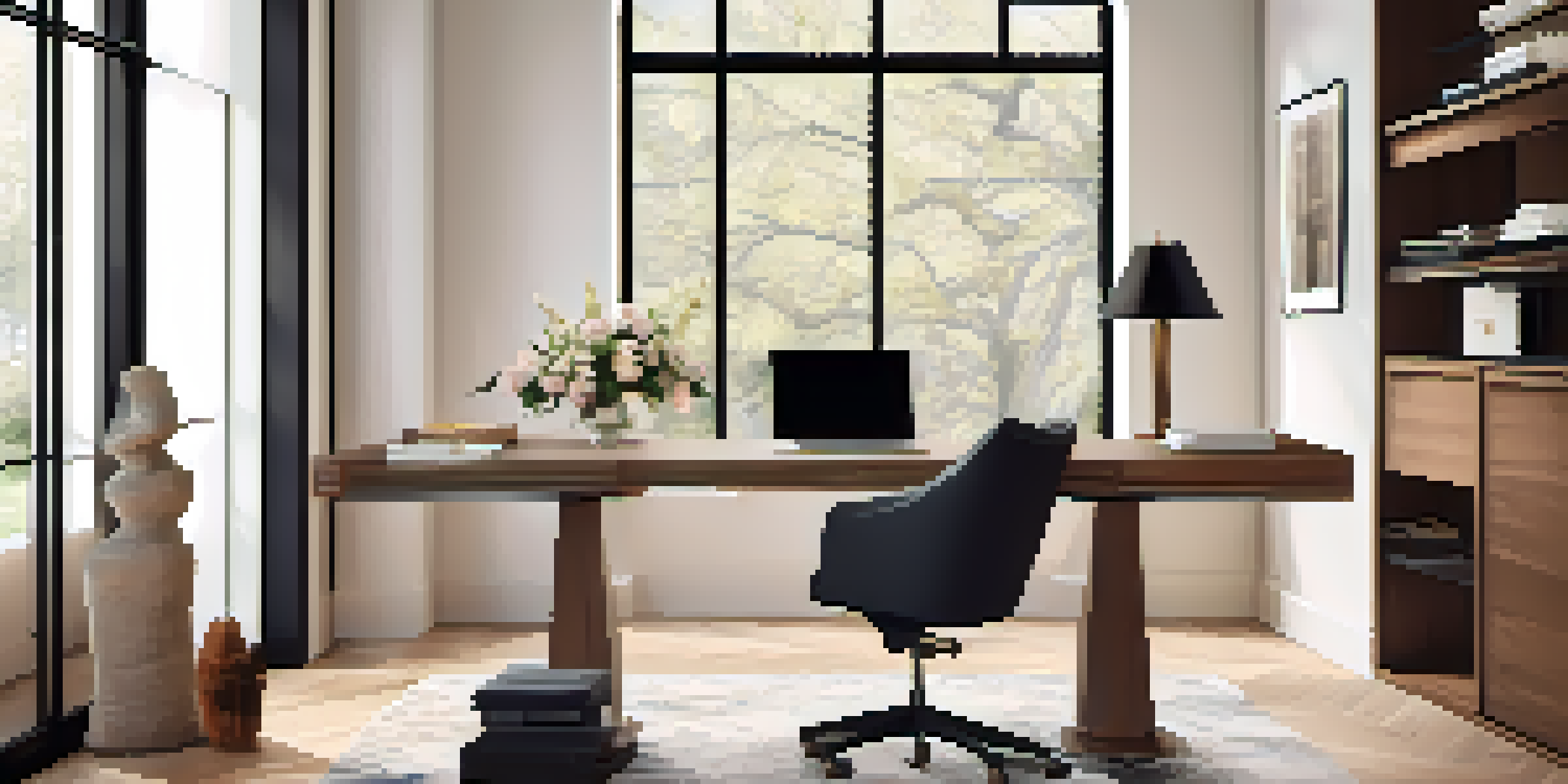 A luxurious home office with a polished wooden desk, ergonomic chair, and large windows, featuring fresh flowers and a plush rug.