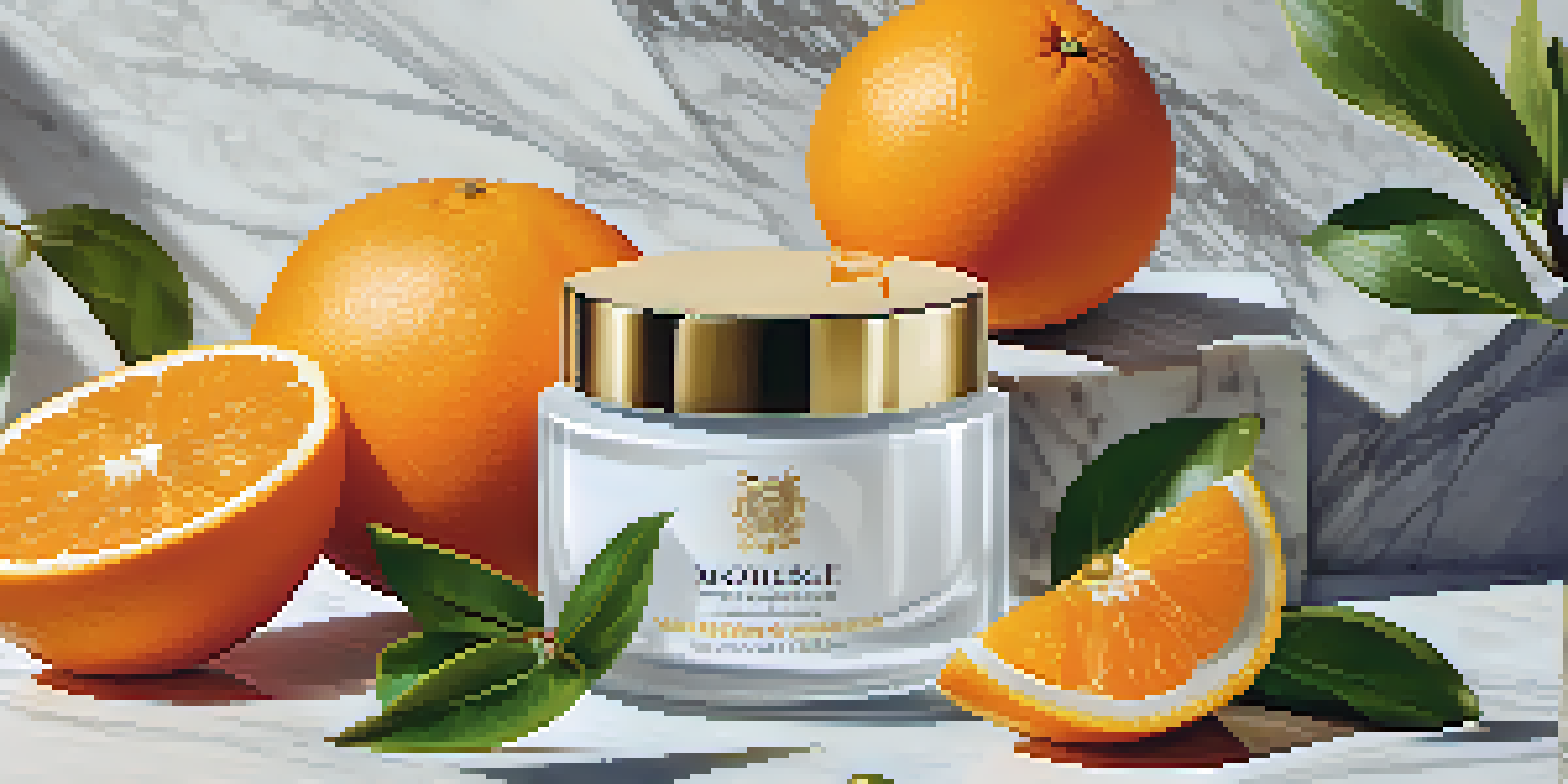 An elegant skincare product surrounded by antioxidant-rich ingredients like green tea leaves, orange slices, and grapes on a marble background.