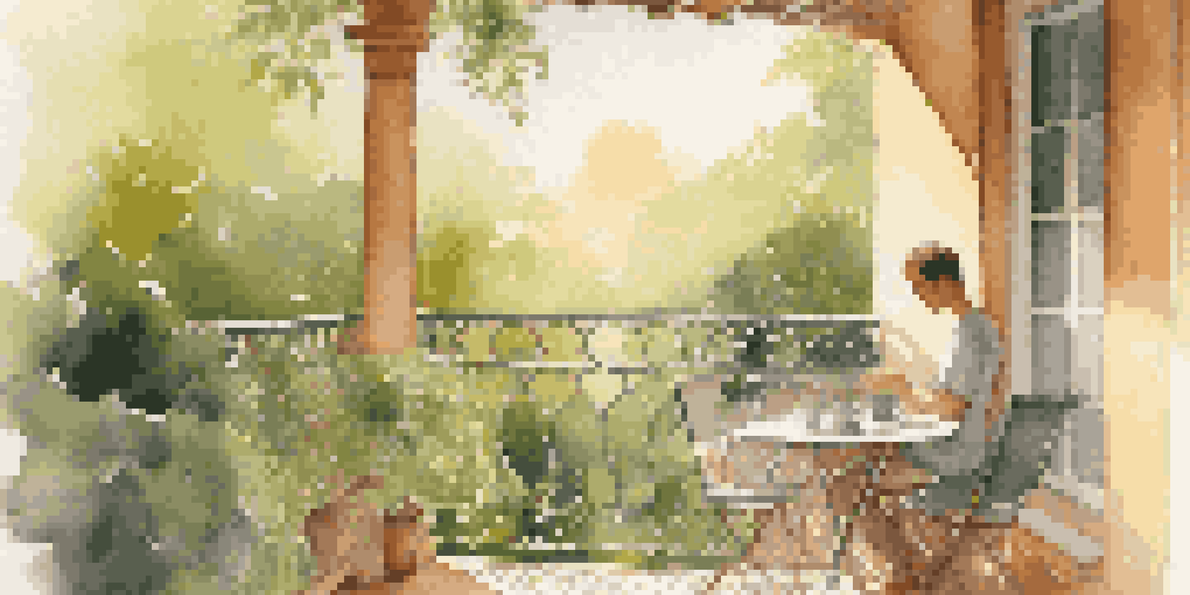 A person enjoying a cup of coffee on a bright balcony, surrounded by plants in the morning light.