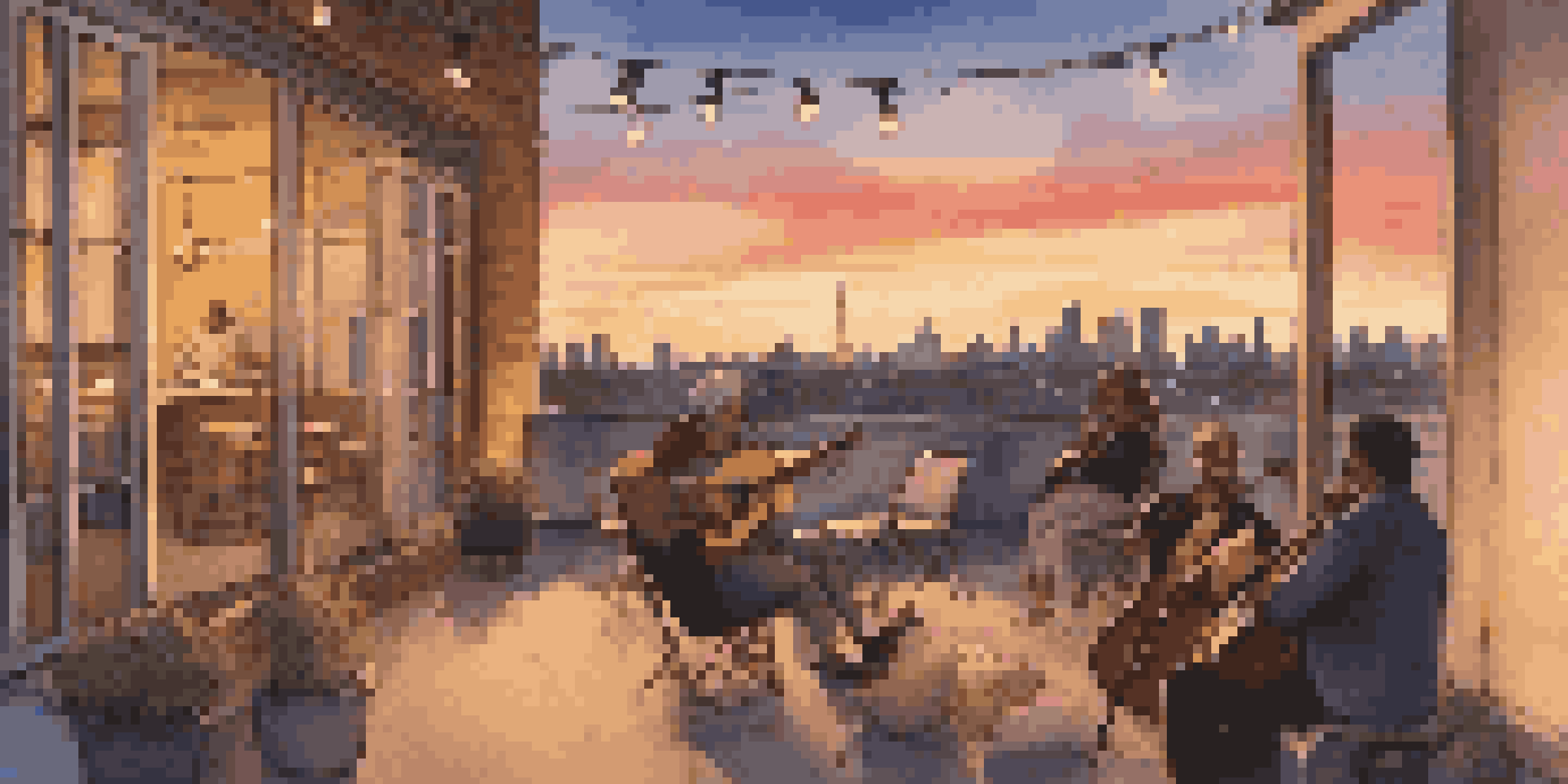 A musician performing on a rooftop terrace at sunset, with an audience enjoying the intimate concert.
