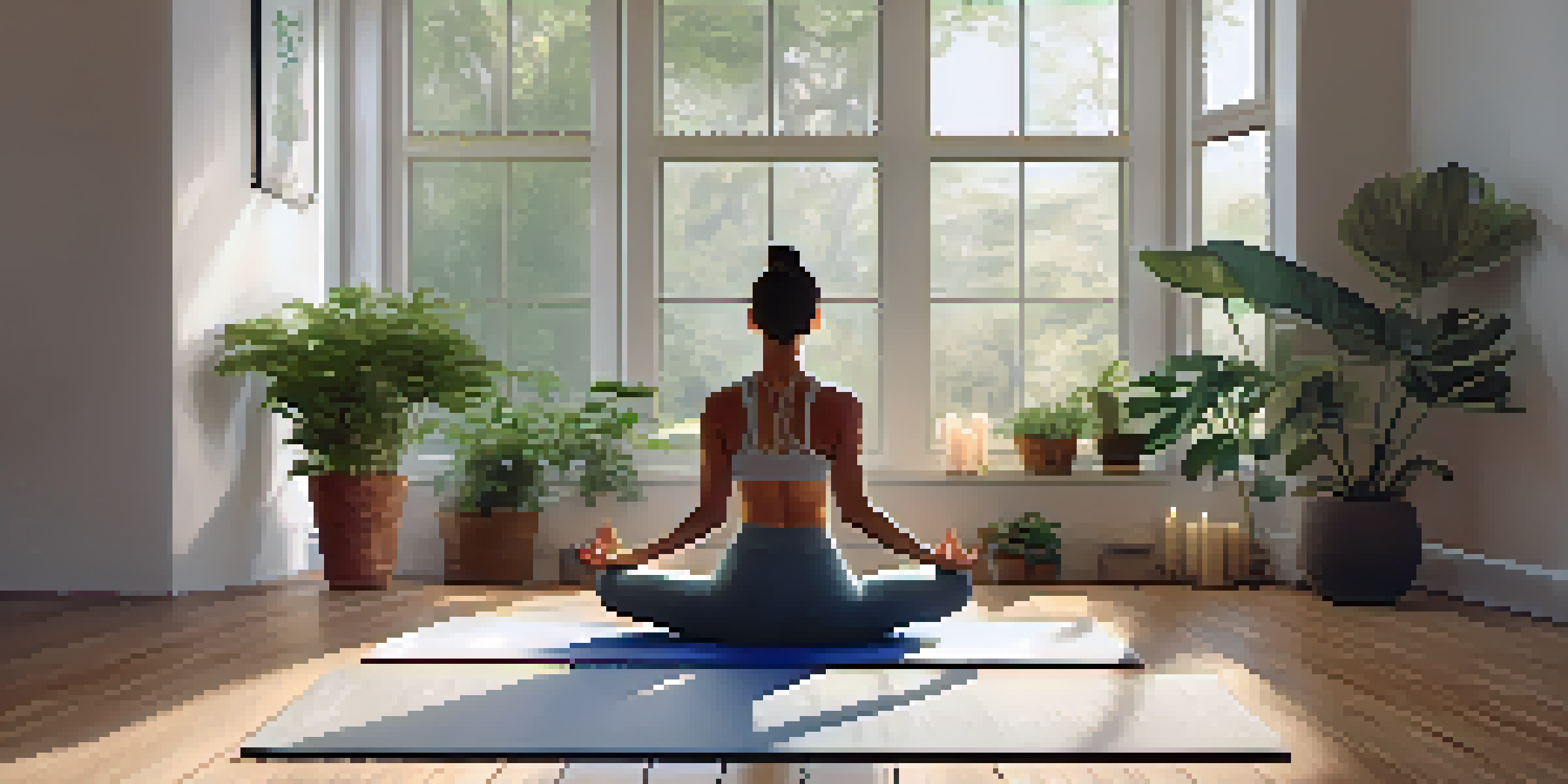A peaceful yoga studio with a person meditating on a mat, surrounded by plants and soft lighting.