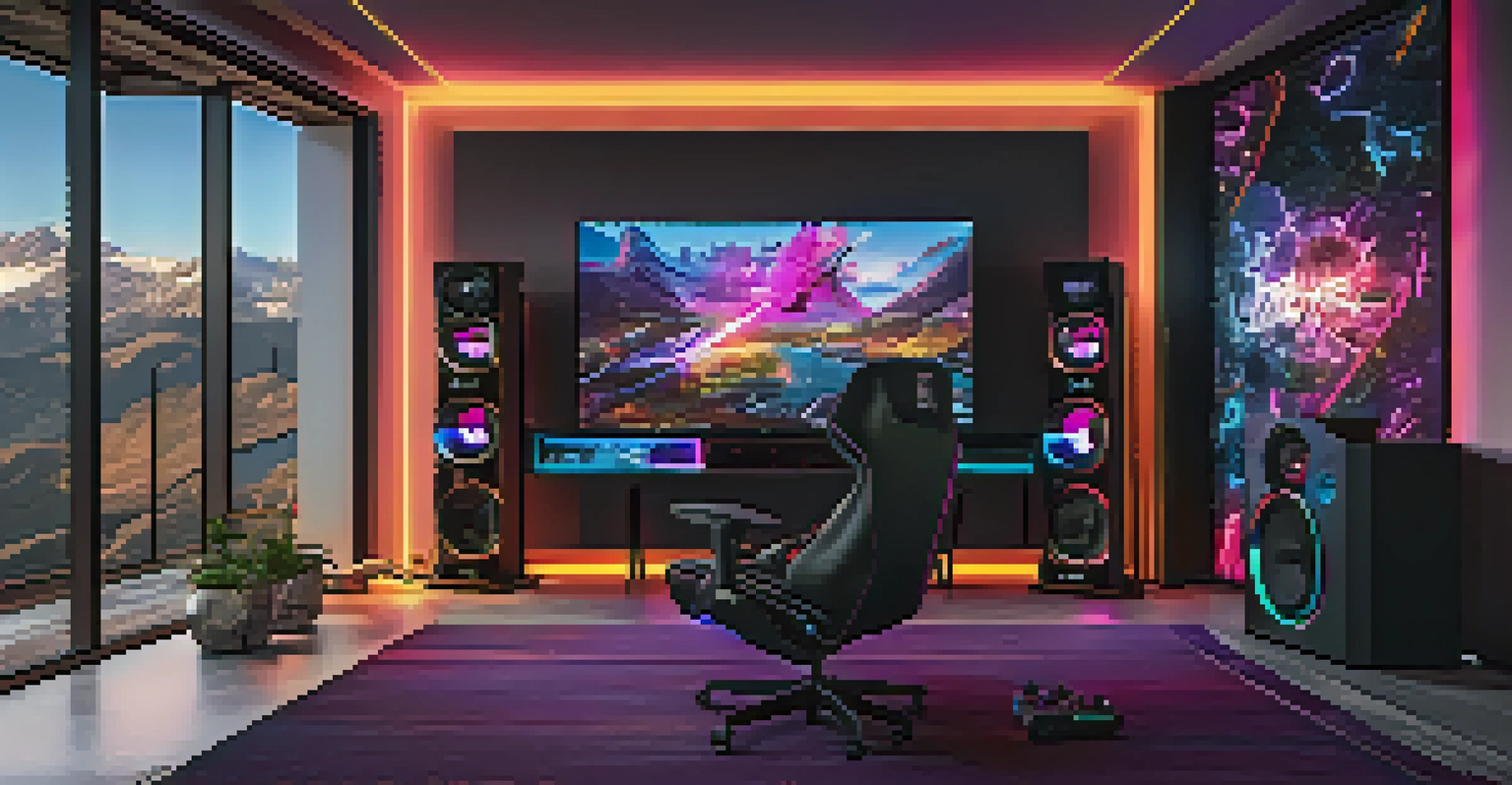 A modern gaming setup featuring a large 4K display and surround sound speakers, with ambient LED lights.