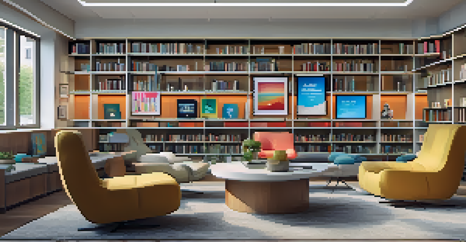 A modern library with comfortable seating that has built-in charging stations, surrounded by bookshelves and colorful art.