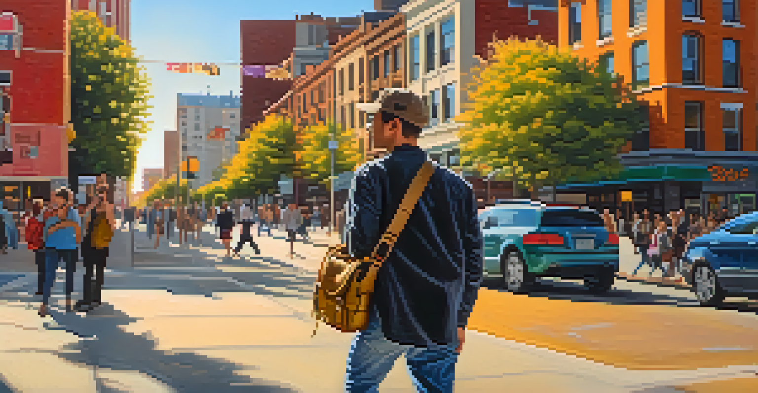 A photographer in a comfortable outfit holding a black messenger camera bag in a vibrant urban setting during golden hour.