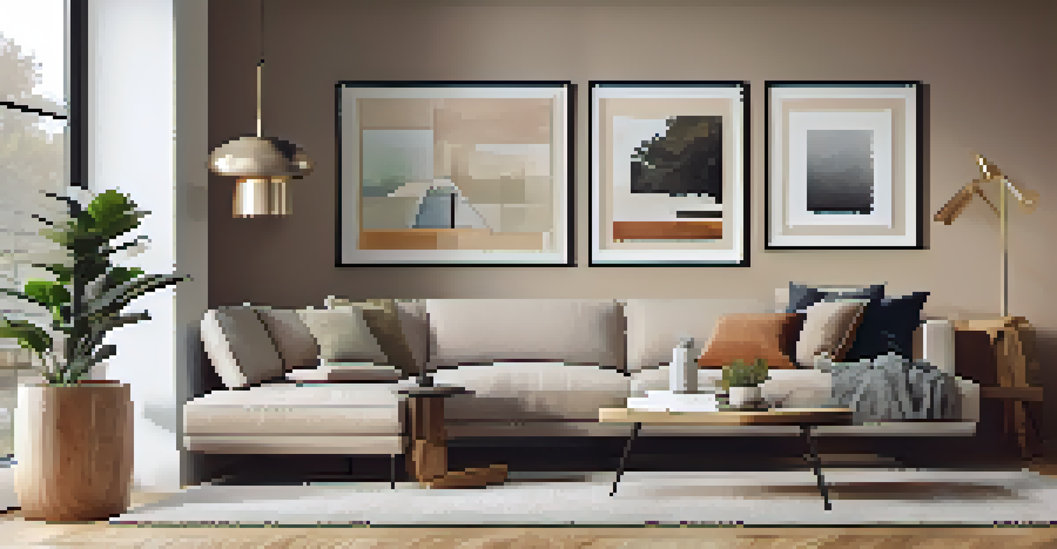 A DIY gallery wall with personal photos and art pieces in frames, illuminated by soft lighting in a cozy living room with a plush rug.