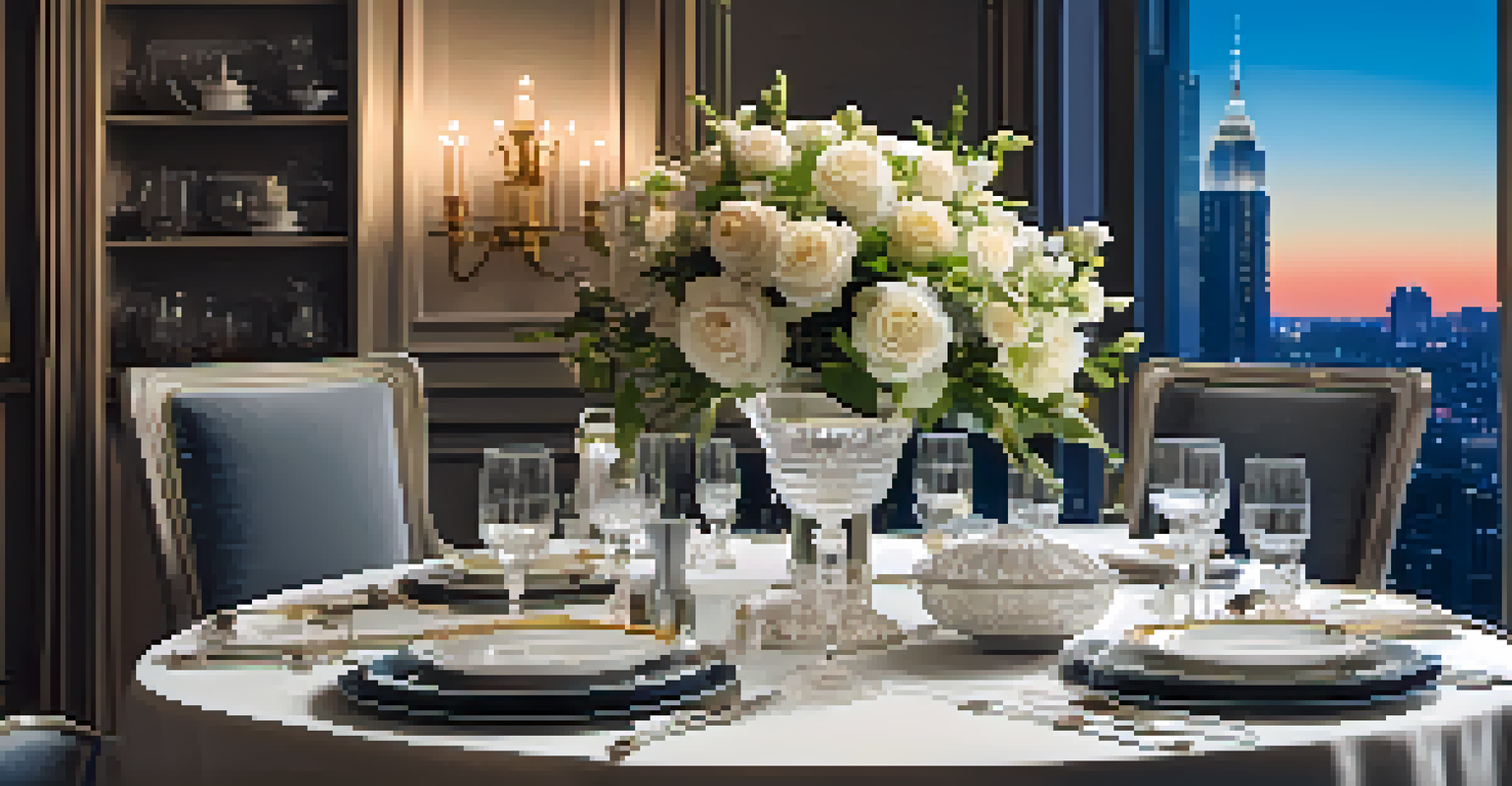 An elegantly set dining table with fine china and crystal glassware, complemented by a city skyline view at dusk.