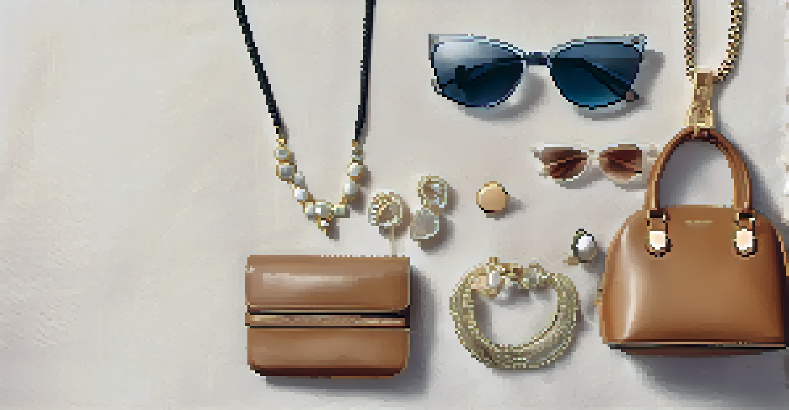 A high-end fashion flat lay featuring a designer handbag, sunglasses, and jewelry on a soft textured fabric, illuminated by natural light.