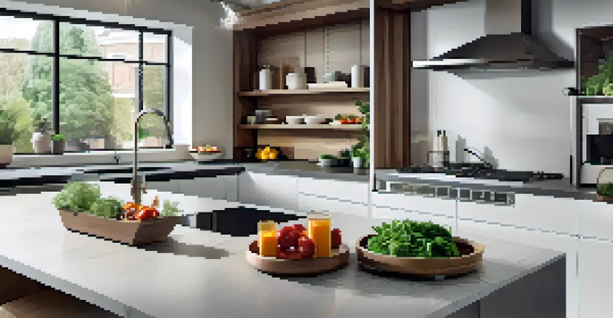 A contemporary kitchen with smart appliances, warm lighting, and fresh ingredients on the countertop.