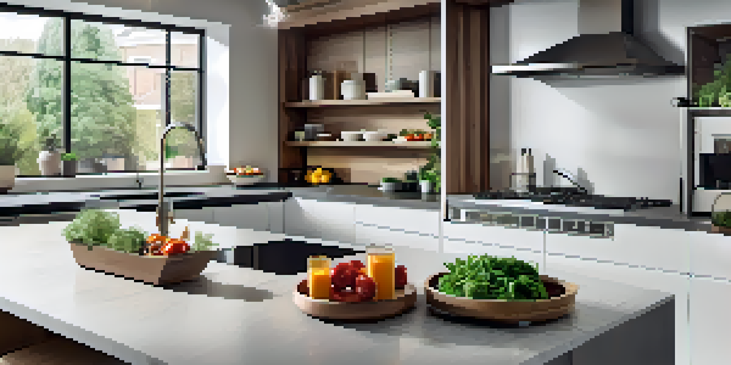 A contemporary kitchen with smart appliances, warm lighting, and fresh ingredients on the countertop.