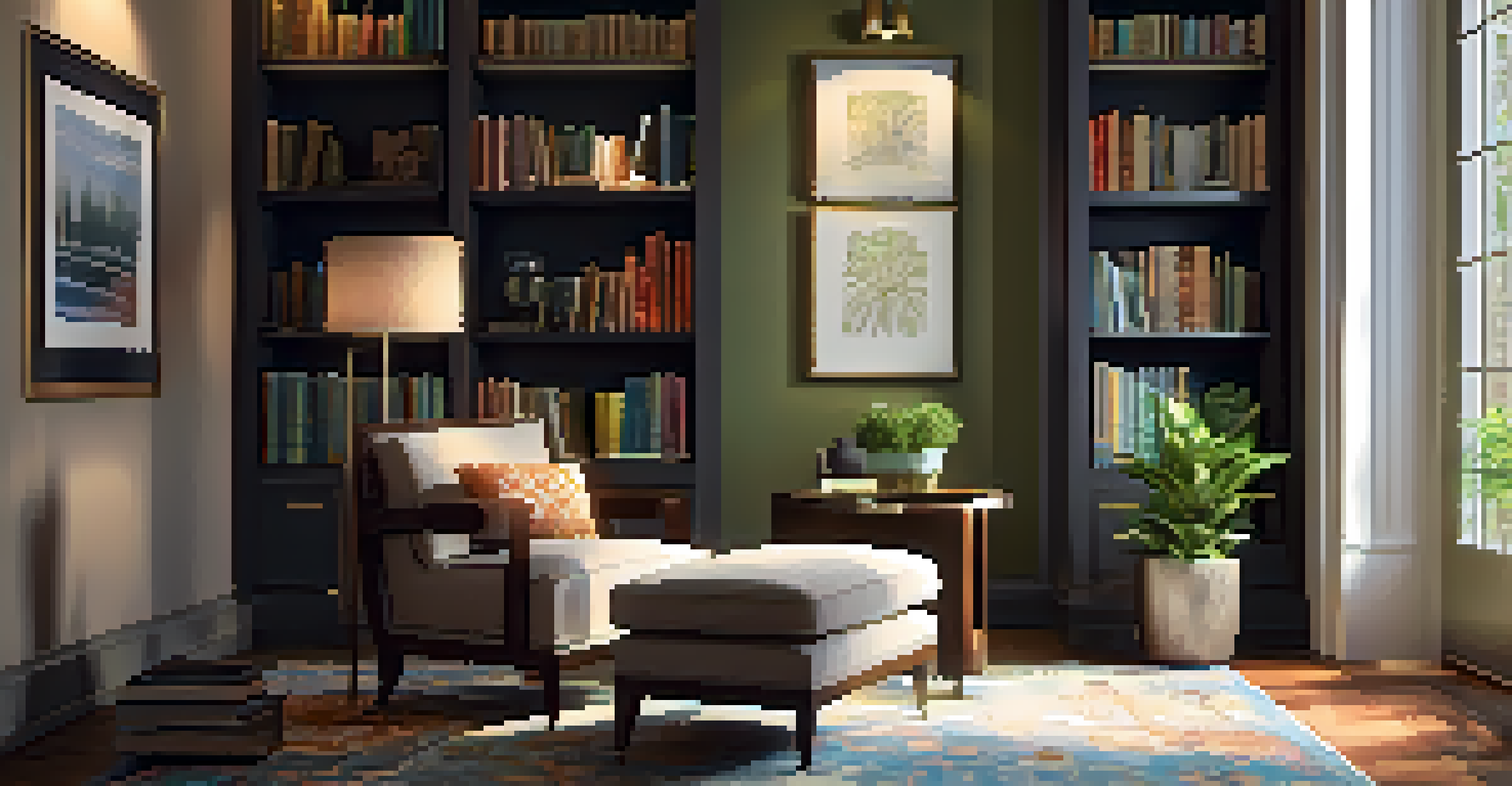 A cozy corner in a luxury home office with a plush armchair, side table, and bookshelf, illuminated by warm ambient lighting.