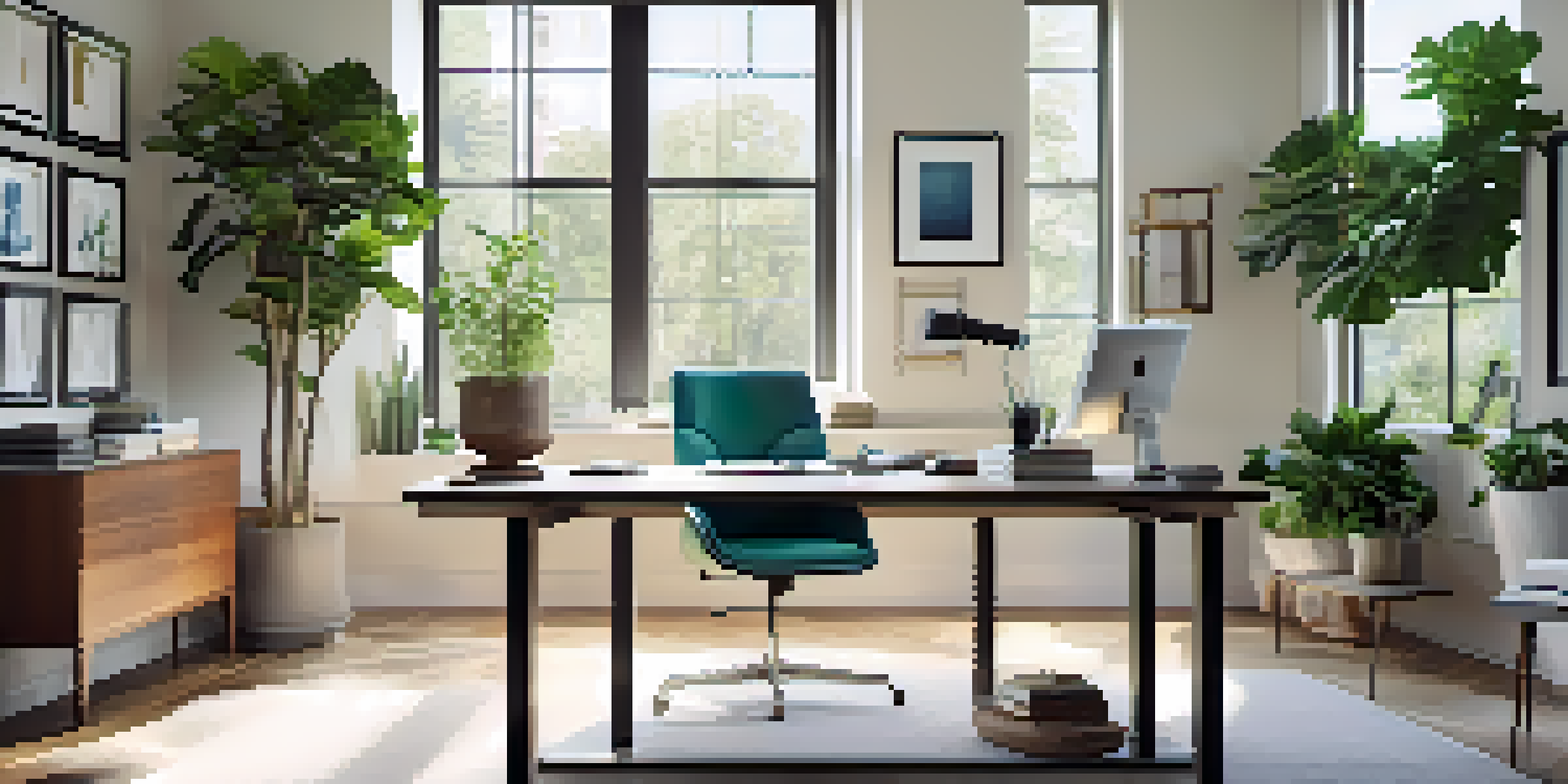 A bright and modern home office featuring ergonomic furniture, natural light, and green plants.