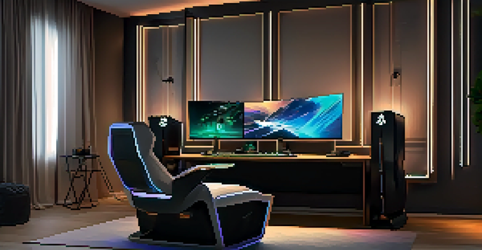 A luxurious gaming setup with a high-end PC, stylish chair, and RGB keyboard in a softly lit room.