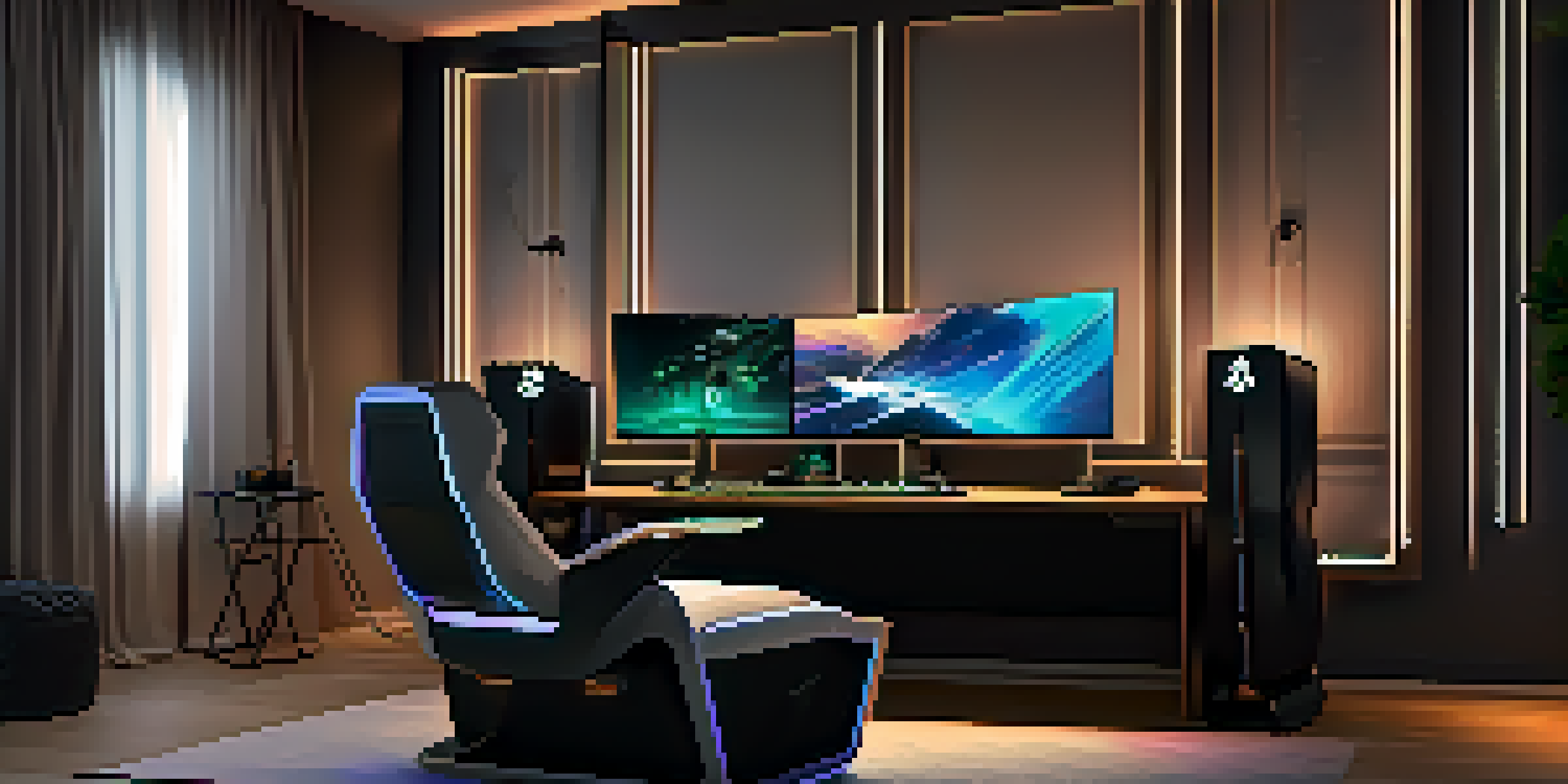 A luxurious gaming setup with a high-end PC, stylish chair, and RGB keyboard in a softly lit room.