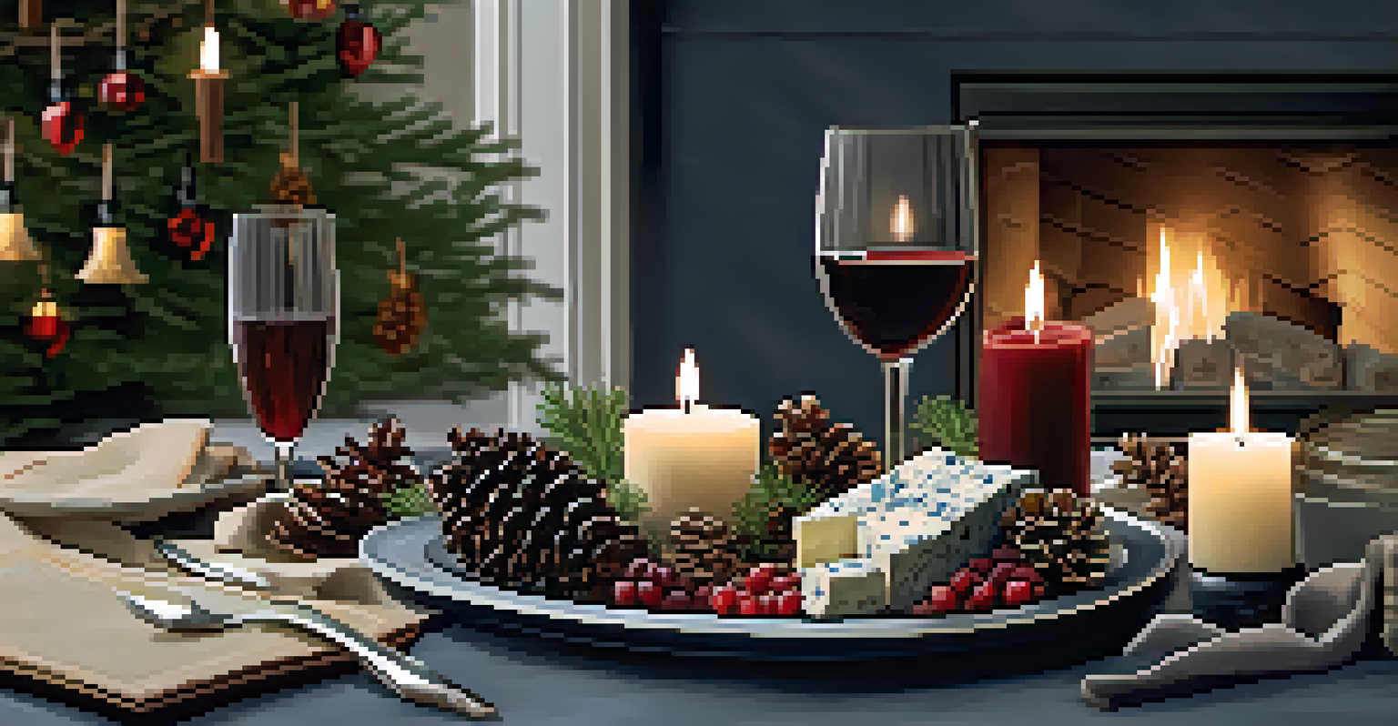 A winter gathering with Syrah wine and blue cheese, set against a backdrop of a cozy fireplace and candles.