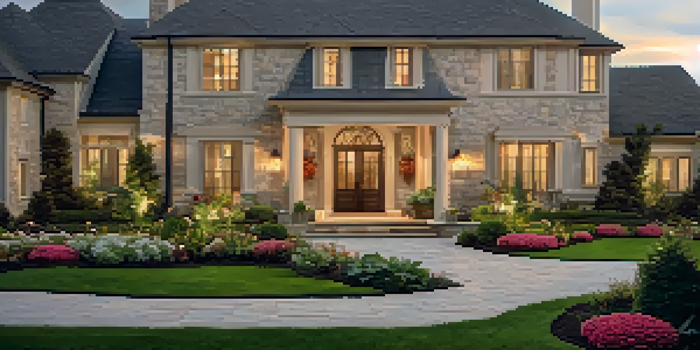 A luxurious front yard with manicured lawns, colorful flowers, and a stone pathway leading to a grand entrance, illuminated by soft golden hour lighting.