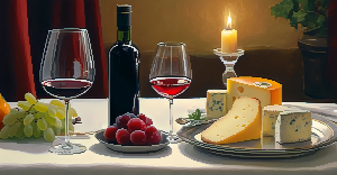 A table set for a mindful drinking experience, featuring a decanter of red wine, artisanal cheeses, and fruits in a warmly lit setting.