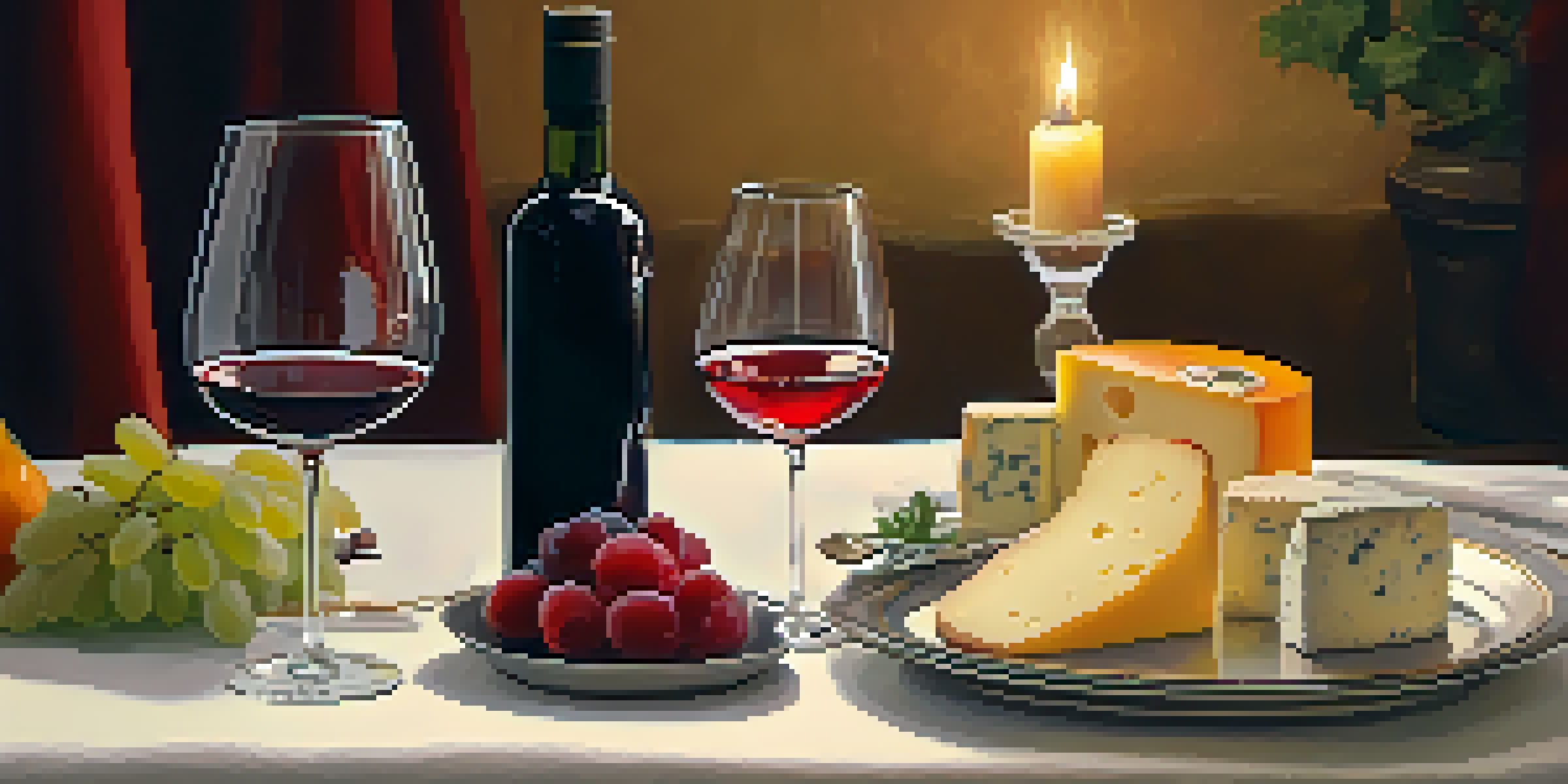 A table set for a mindful drinking experience, featuring a decanter of red wine, artisanal cheeses, and fruits in a warmly lit setting.