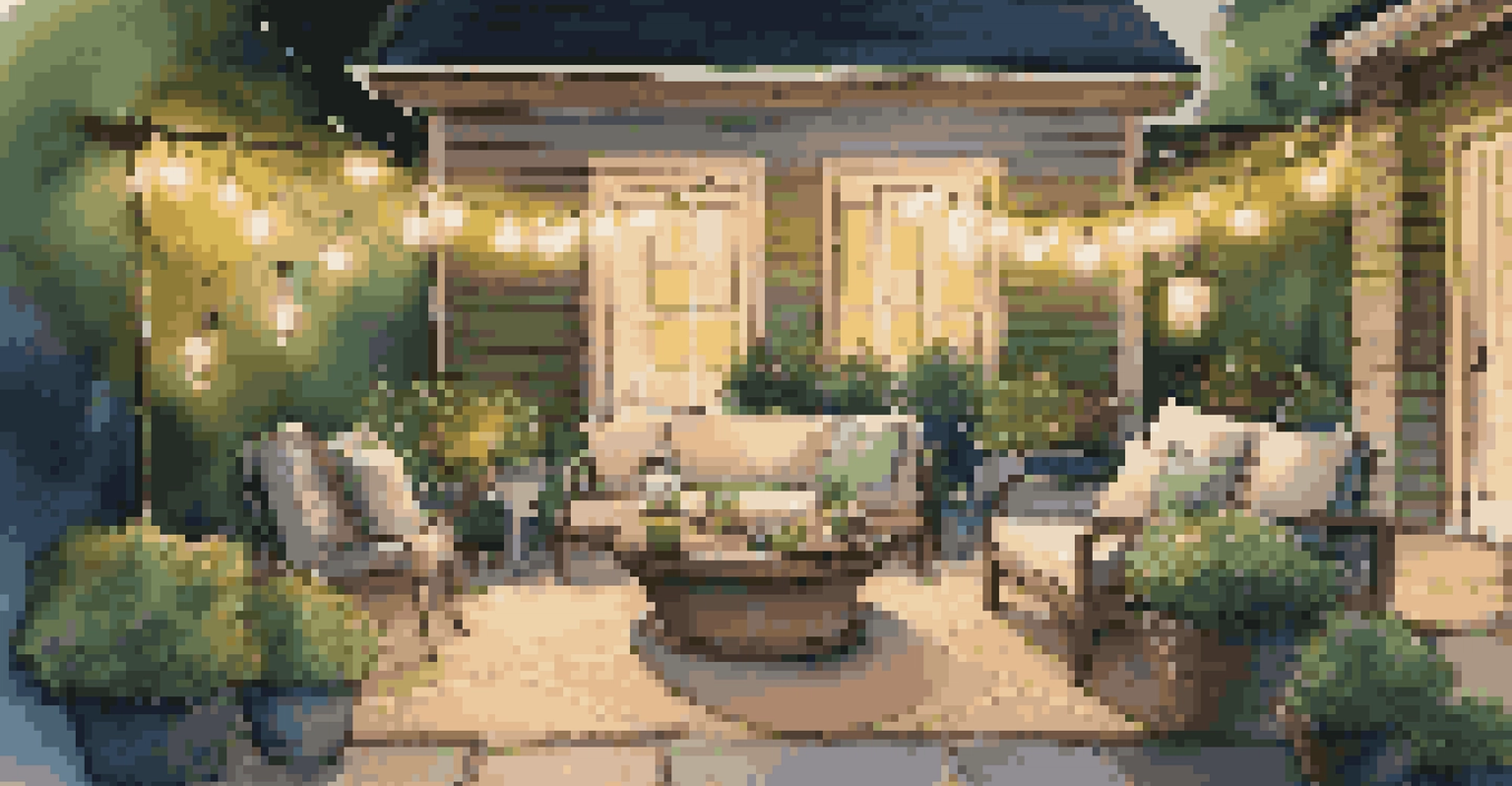 An outdoor patio with cozy seating and ambient lighting, perfect for evening gatherings under a starry sky.