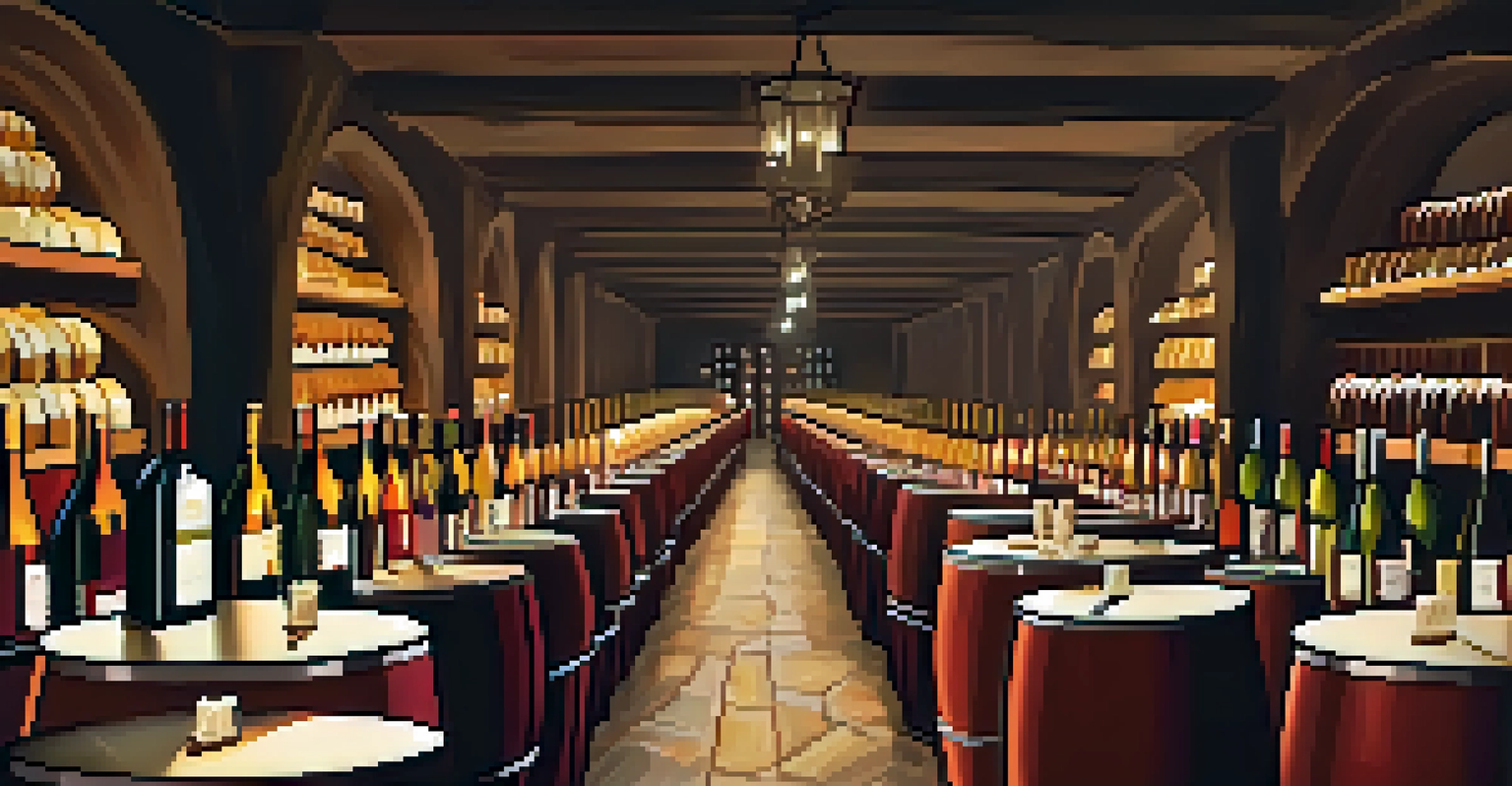 An elegant wine tasting event in a decorated cellar with wine bottles, cheese platters, and people enjoying the experience.