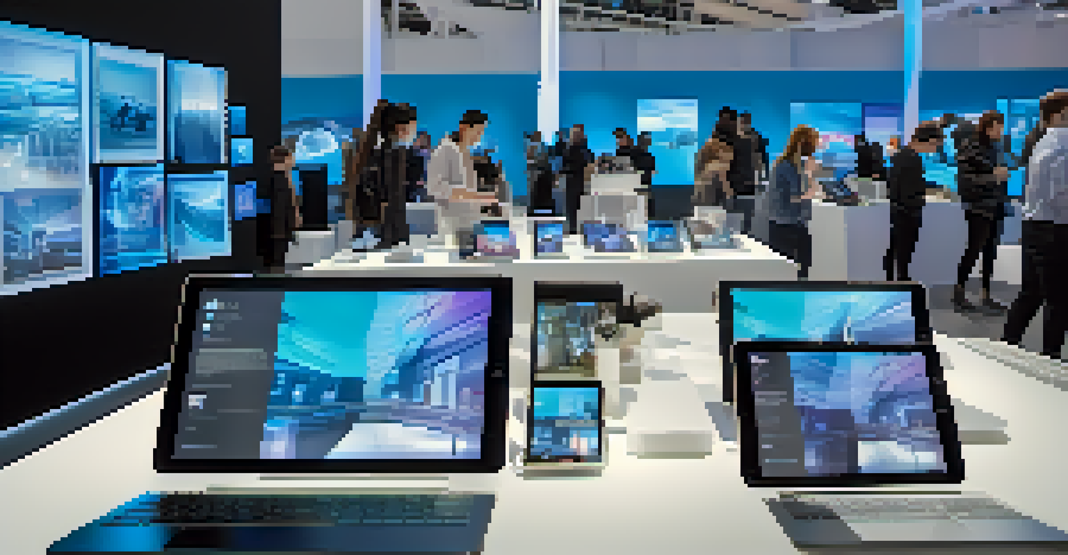 A modern digital art fair with collectors viewing artworks on screens.