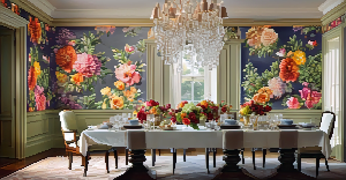 An elegant dining room with bold floral wallpaper and a beautifully set table.