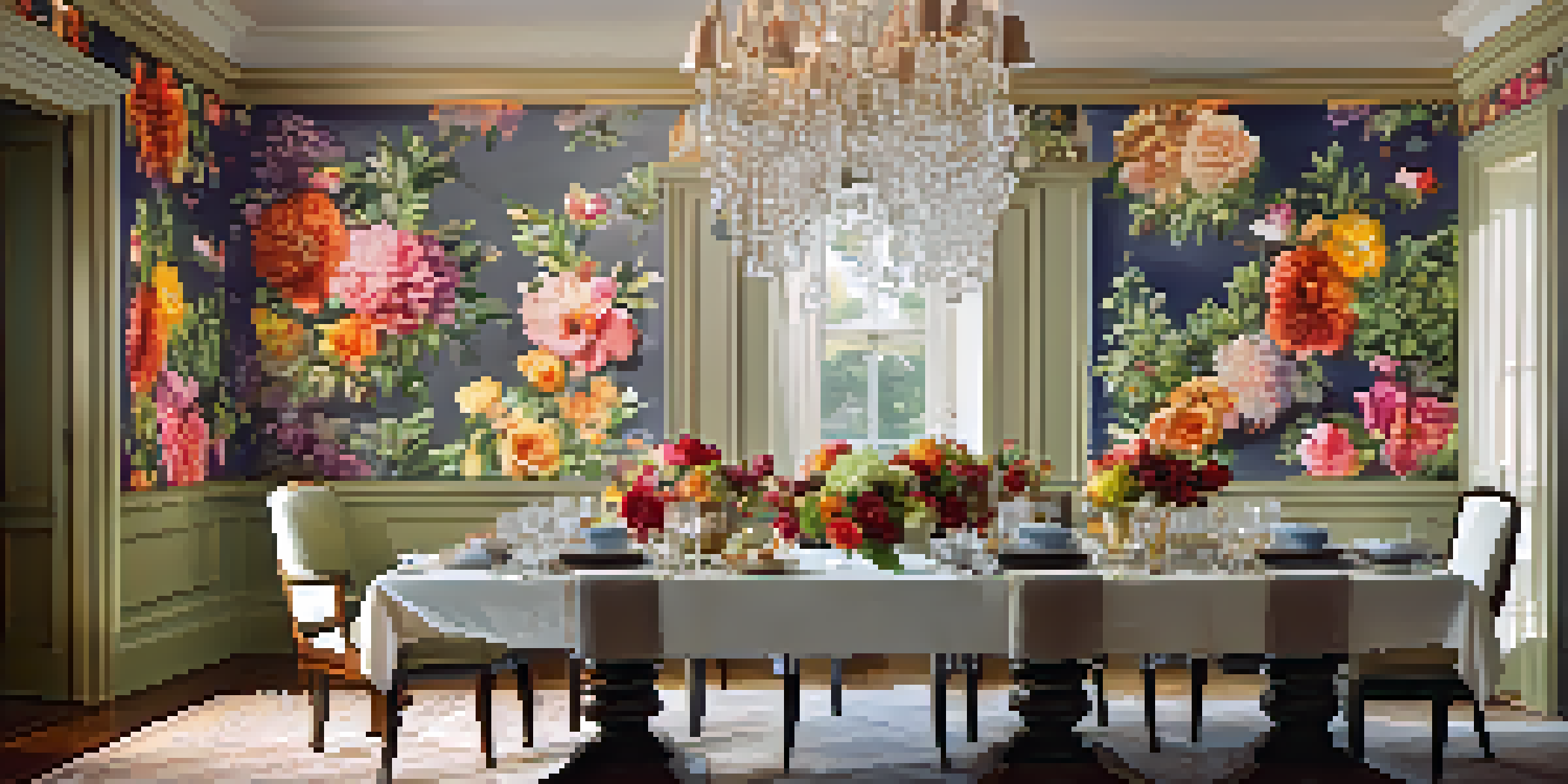 An elegant dining room with bold floral wallpaper and a beautifully set table.