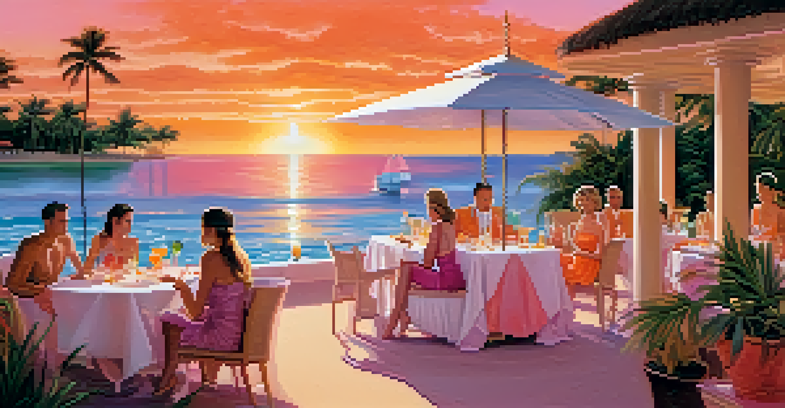 A beachside resort at sunset, with elegantly dressed guests enjoying cocktails on a terrace surrounded by tropical plants.