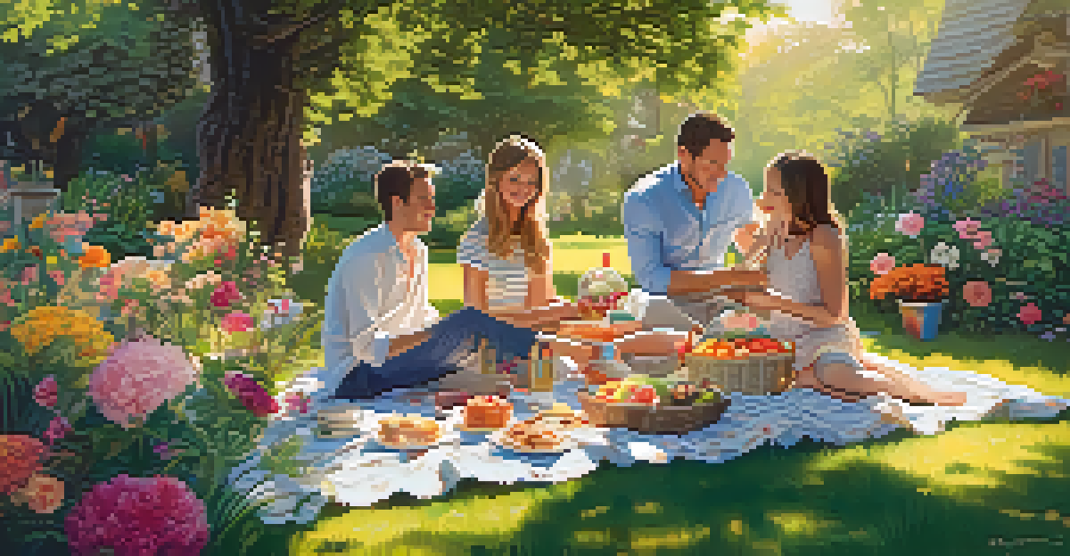 A family having a luxurious picnic in a beautiful garden filled with flowers.
