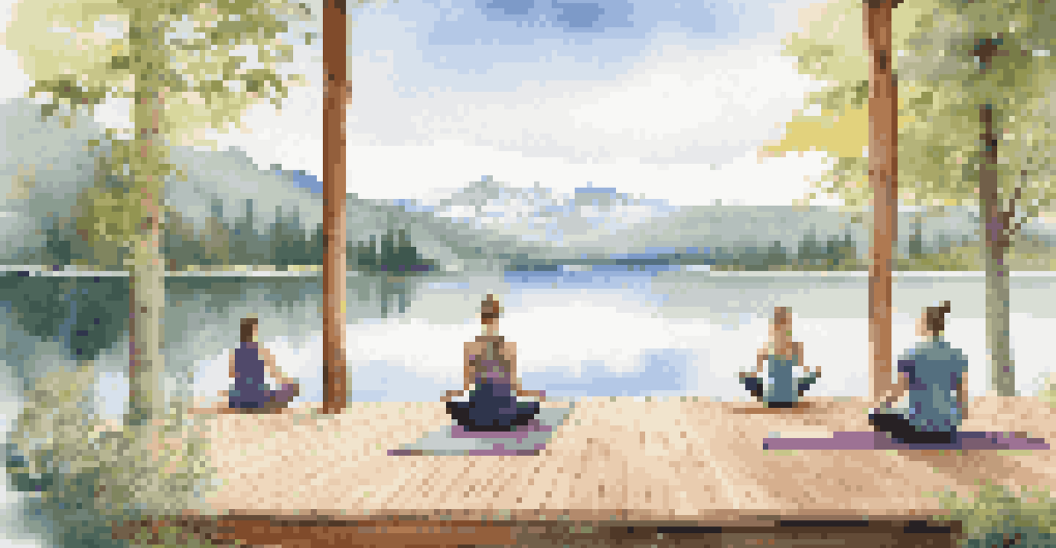 Participants practicing yoga on a deck by a serene lake, surrounded by mountains and trees, depicting a mindfulness retreat.