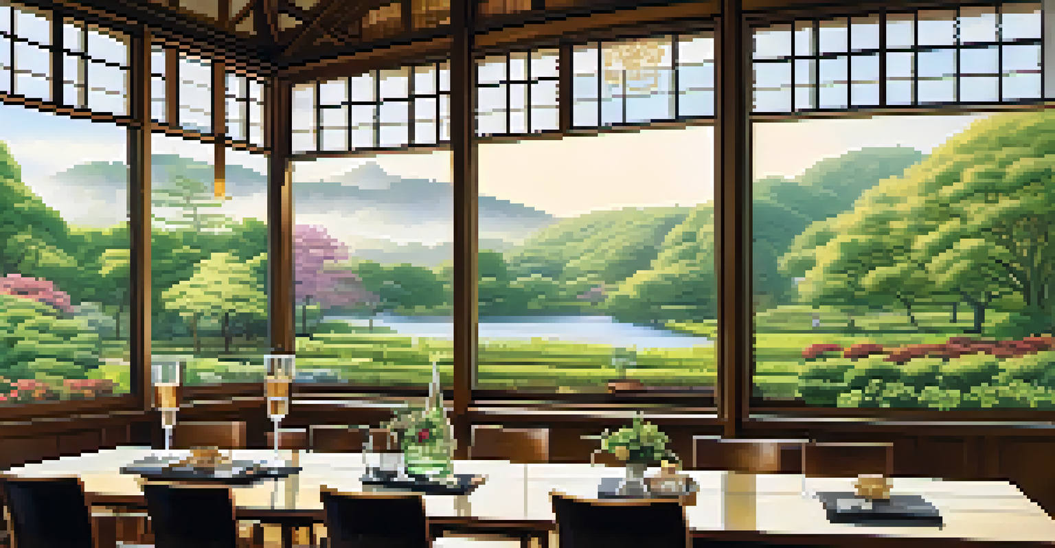 An elegant tasting room at the Yamazaki Distillery with Japanese decor, a bottle of Yamazaki whisky, and floral arrangements, with greenery in the background.