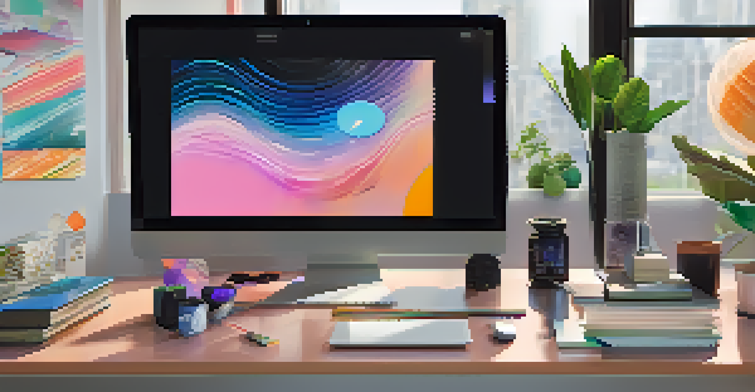 A close-up of a digital screen displaying a vibrant NFT artwork, with a person holding a smartphone in a modern workspace.