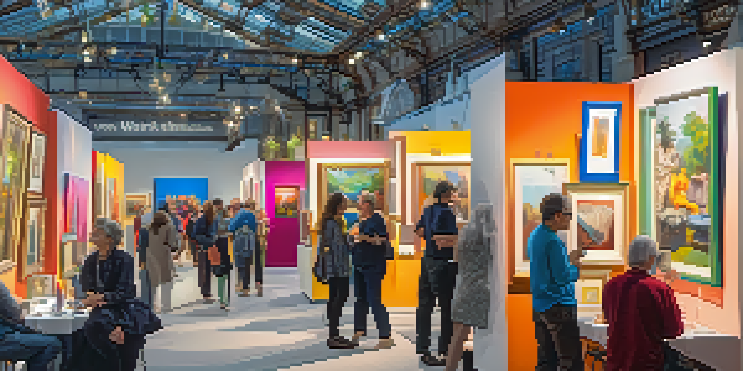 A lively art fair with various booths displaying colorful artworks and people interacting.