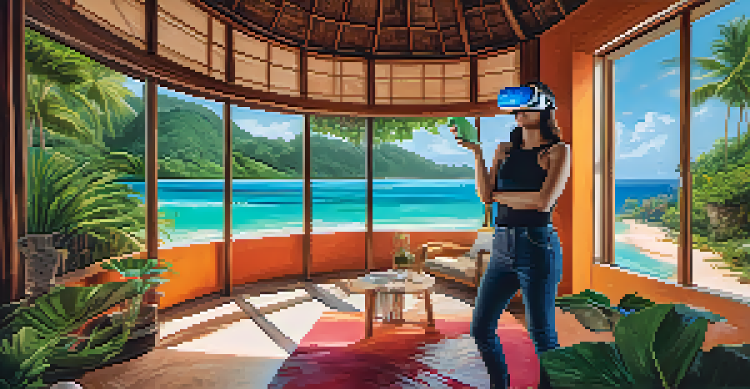 A person experiencing a virtual reality luxury travel setup with a beautiful beach resort in the background.
