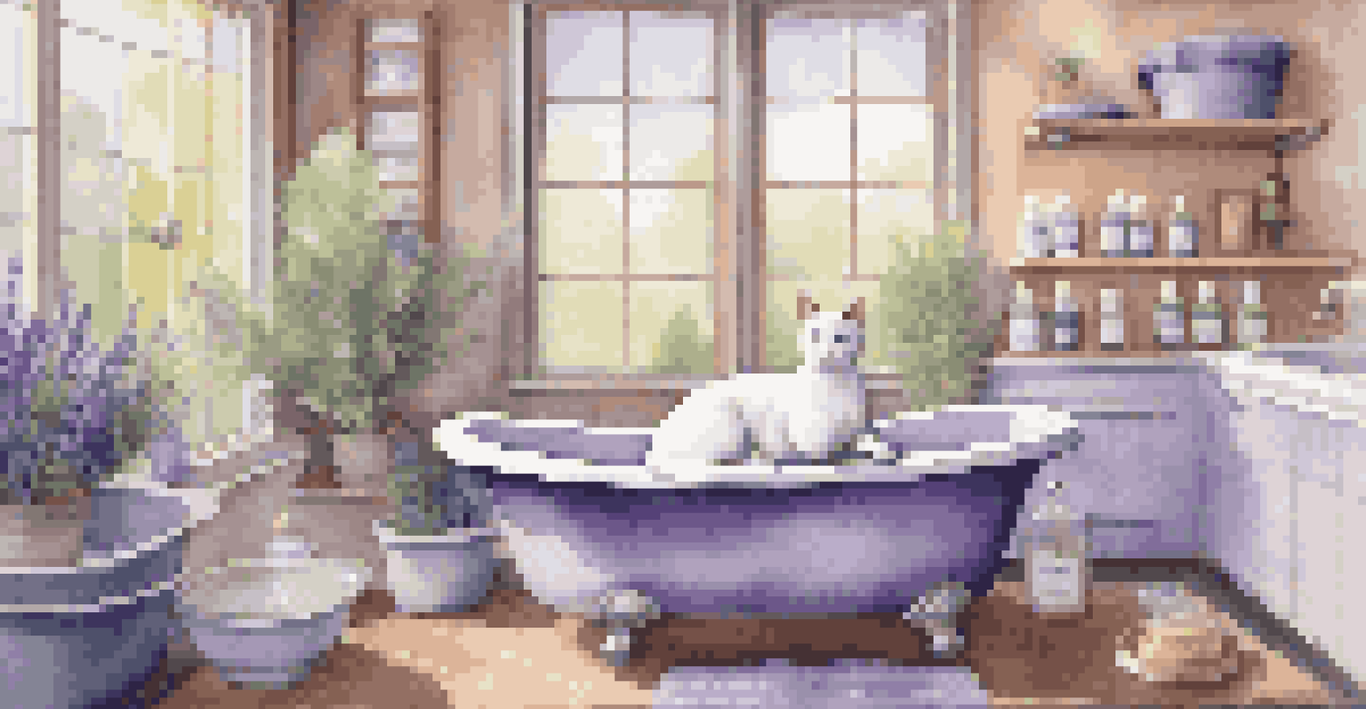 A cat enjoying a bubble bath in a tranquil pet spa, surrounded by lavender colors and natural light.