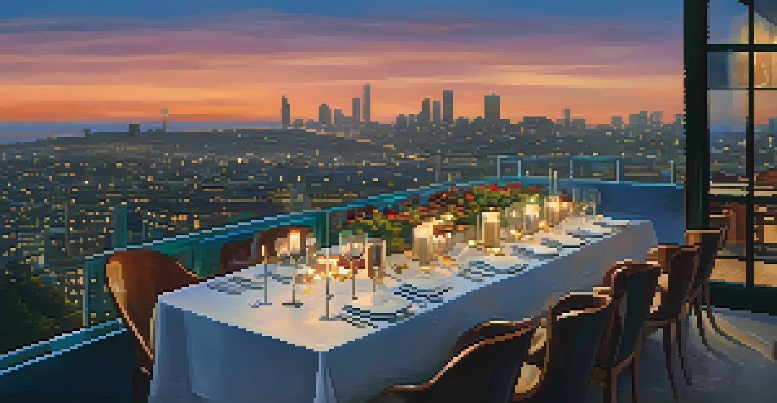 A rooftop dining setup with candles and a beautiful city view at dusk.